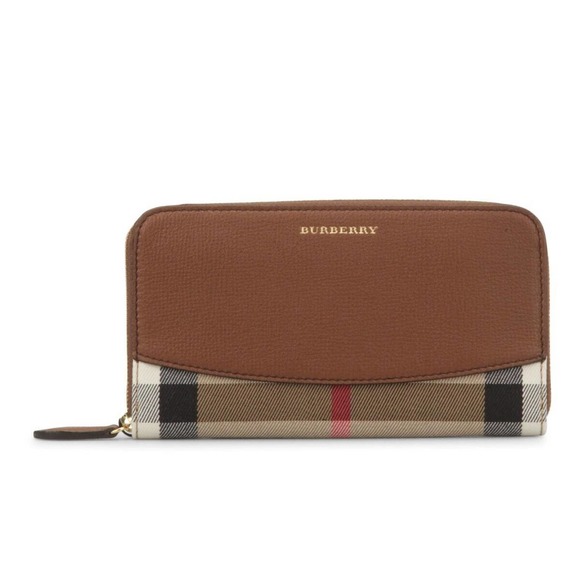 BURBERRY ELMORE BROWN HOUSE CHECK DERBY LEATHER ZIP AROUND LOGO CLUTCH WALLET - Picture 1 of 12